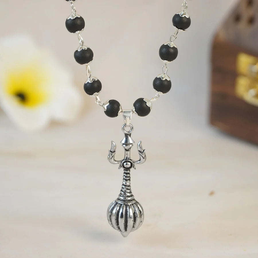 Silver Plated Trishool Gada Karungali Mala