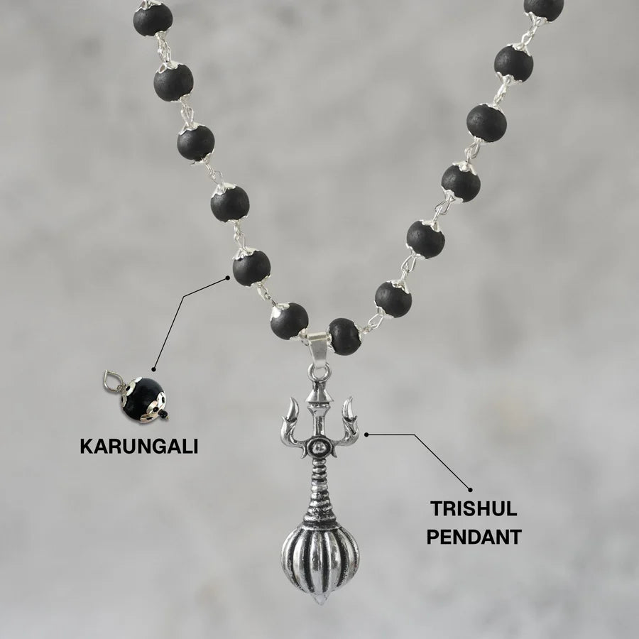 Silver Plated Trishool Gada Karungali Mala