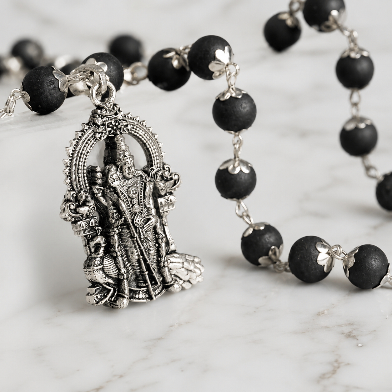 Silver Plated Karungali Necklace with Murugan Pendant